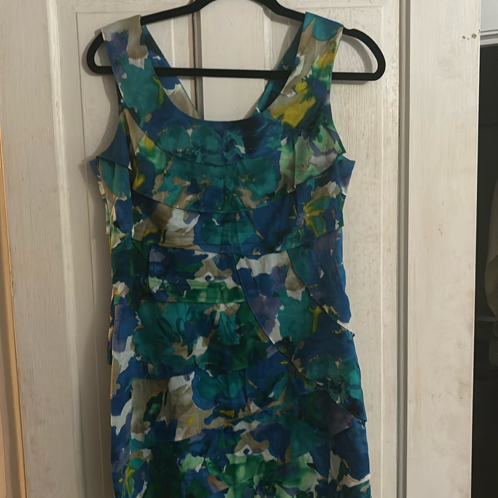 CALVIN KLEIN Layered Ruffled Tiered Midi Blue & Green Shift Dress sz 8